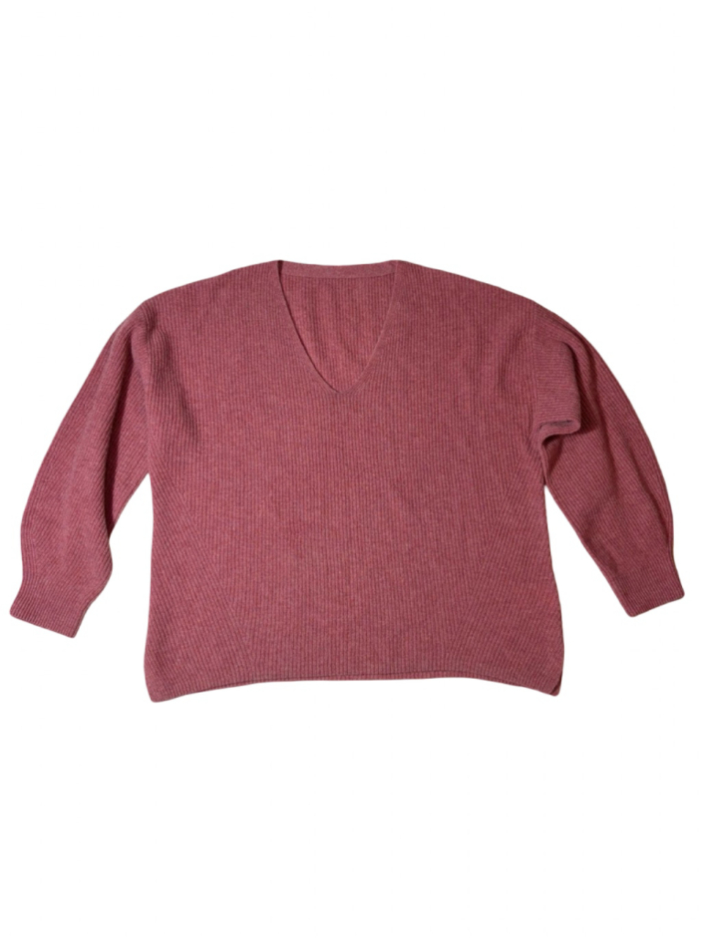 Poetry 100% Cashmere Dusty Rose Ribbed V-Neck Sweater US 12 Quiet Luxury